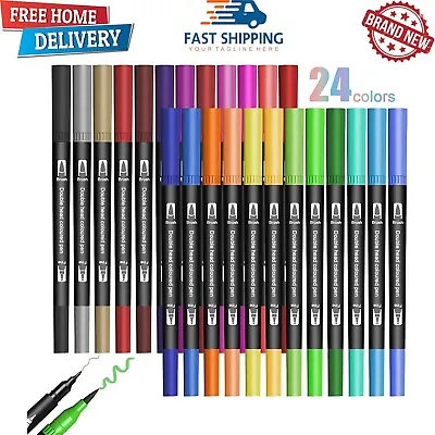 £8.99 • Buy 24pcs Colour Dual Tip Brush Pens Fineliners Watercolour Art Markers Drawing UK