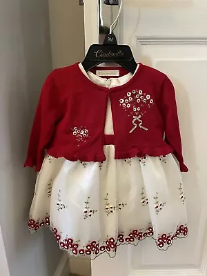 BNWT Baby Girls Embroidered Occasion Dress & Cardigan Red Cream Age 9 Months • £8.99