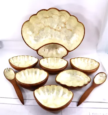 Vintage Lawson's Monkey Pod Wood Capiz Shell Lined Shell Shaped Serving Set • $49.89