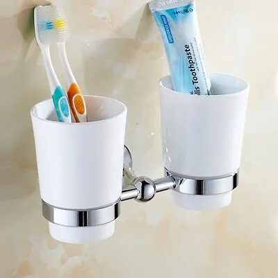 £35.83 • Buy Wall Mounted  Polished Chrome Bathroom Toothbrush Holder With Two Ceramic Cups