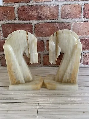 Trojan Horse Head Vintage Bookends Carved White Onyx Rock Marble Stone • $19.99