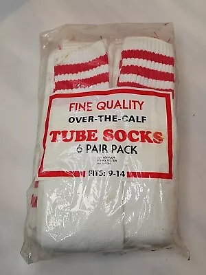 Vintage 80's Over The Calf Extra Long Tube Socks White Red 3 Stripe NEW 6 Pair • $119.90