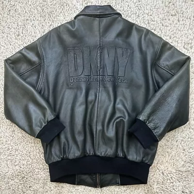 DKNY Jeans Vtg 90s Donna Karan Black Leather Embossed Bomber Jacket Women’s M • $174.95