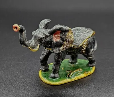 Bejeweled Elephant Enamel On Metal Hinged Magnetic Trinket Box **Lucky Trunk Up! • $24