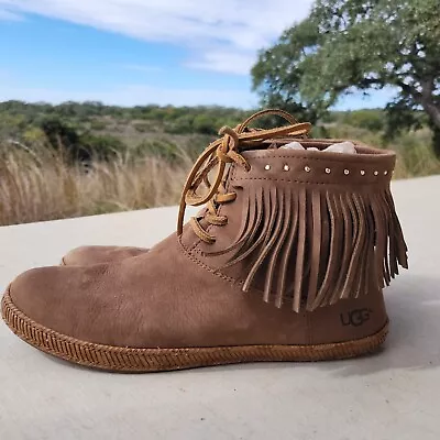 Ugg  Alexia  Dark Chestnut Nubuck Leather Fringe Moccasin Ankle Boots Us 8 • $44.88