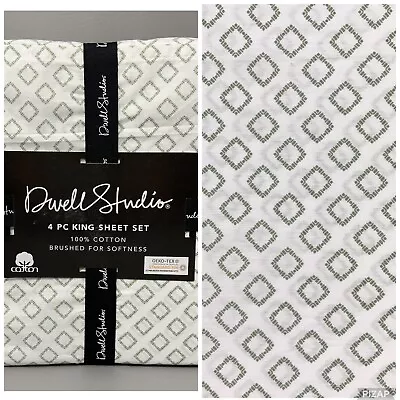 Dwell Studio KING 4-pc Cotton Sheet Set Extra Deep White & Sage Green Diamonds • $85.99