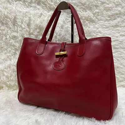 Auth Longchamp Roseau Hand Bag Tote Red Leather W12.9H9.5D4.1 In. Fast Free Ship • $79.99