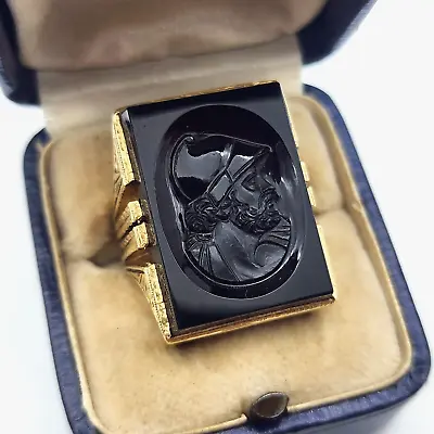 Vintage Art Deco 10k Gold Black Onyx Greek Roman Warrior Cameo Men's Ring: 6 3/8 • $499