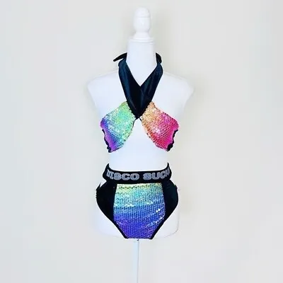 NWT Save The Parade Black Velvet & Rainbow Sequin Tie Top & Bottoms Rave Set S/M • $185