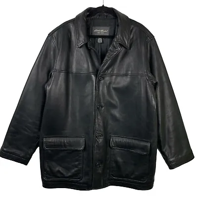 Eddie Bauer Men’s Genuine Lamb Leather Jacket  XL Black Quilted Heavy Button Up • $80.75