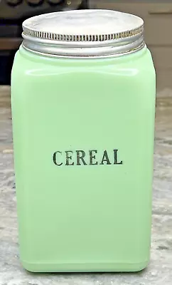 McKee Jadeite Jadite Glass CEREAL Canister 48 Oz Size 7.5  Ht /Original Lid GLOW • $293.88