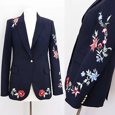 Zara Navy Blue Floral Embroidery Classic Blazer Jacket S Gold Single Button Rare • $53.99