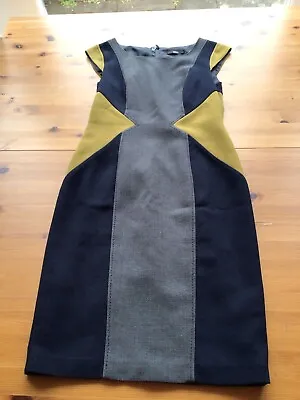 Marks And Spencer Size 10 Shift Dress Lined Grey Black Mustard Stitching  • £9.50