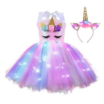 Girls Unicorn Light-Up Princess Dress Rainbow Tutu Tulle Dresses Party Outfits • £20.66