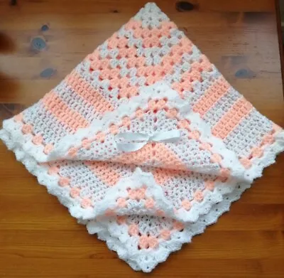 New Handmade Crochet Peach/White Fleck Baby Multi Purpose Blanket. L@@k. • £19.95