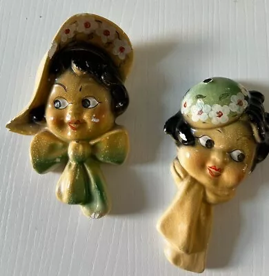 Kitsch Vtg 50s 40s  Wall Mask Plaque Girls With Hat  Chalk Ware Plaster • £32