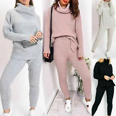 Womens Chunky Knitted Loungewear Ladies Polo High Neck Top Leggings Suit Set  • £19.99