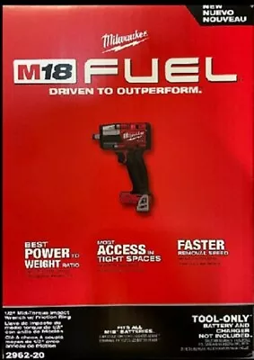 Milwaukee 2962-20 M18 Fuel 1/2  Mid-Torque Impact Wrench W/ Friction Ring New • $179.20