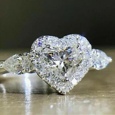 Solid 14K White Gold FN Moissanite Halo Engagement Wedding Ring Heart Shape 2CT • $241.12