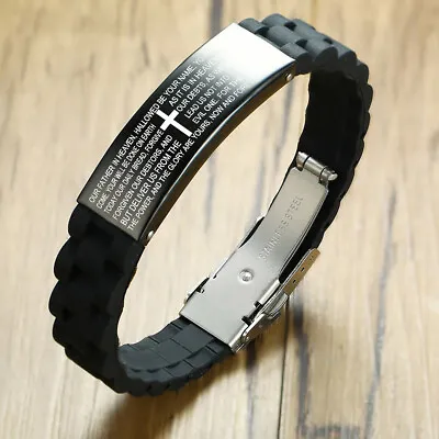 Mens Stainless Steel Black Cross Silver English Bible Lords Prayer Link Bracelet • $8.99