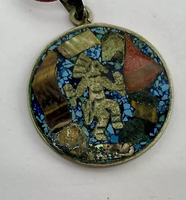 Vtg Sterling Silver 925 Mayan Calendar Aztec Warrior Inlay Pendant 2 Sided • $79.99