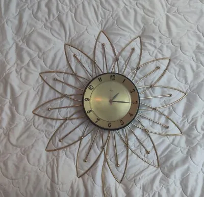 Vintage 20  Lux Brass Starburst Clock Atomic Flower MCM Mid Century USA • $75