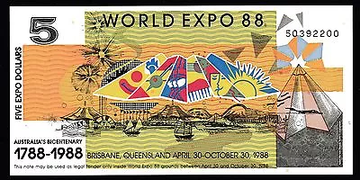 1988 World Expo $5.00 Australian Bank Note - Mint Uncirculated • $2.50