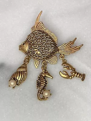 Vtg Angel Fish Brooch With Charms Shell Seahorse Crab Ocean Faux Pearls Antiqued • $22