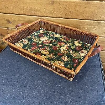Vtg? Wicker Style Rattan Wood Serving Display Tray Bohemian Boho W Floral Pad • $25