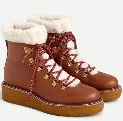 J Crew Women’s Brown Leather Faux Fur Nordic Winter Boots Wedge Crepe Sole Sz 9 • $49.99