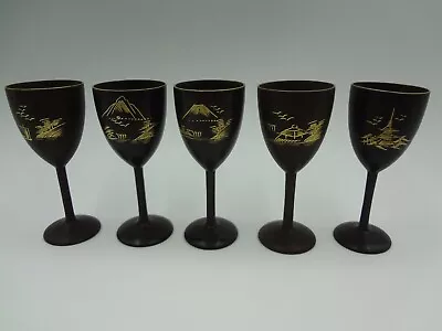 Mini Asian Theme Saki Shot Cups Black Plastic 3.5  Tall Set Of 5 • $9.99