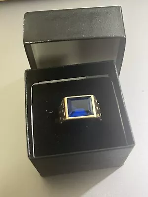 Men’s 10 Karat Yellow Gold Ring - Large Lab Created Sapphire - Size 9 • $327.86