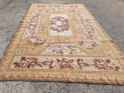 Vintage French Needle Point Handmade Floral Green Wool Rug Carpet 125x107cm • £125