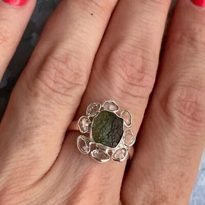 Moldavite & Herkimer Diamond Natural Gemstone Silver Ring • $42.11