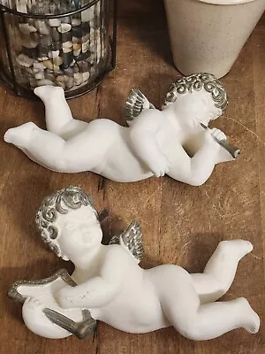 Vintage Universal Statuary Corp MCM 1955 Set Of 2 Chalkware Cherub Angels Harp  • $22