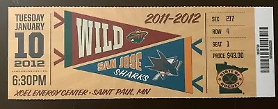 Minnesota Wild 1/10/2012 NHL Ticket Stub Vs San Jose Sharks • $6.95