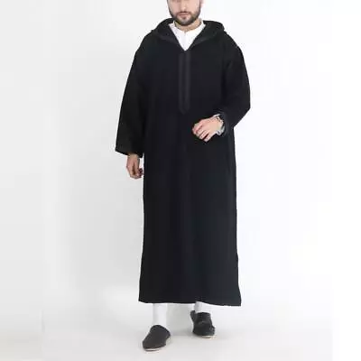 Arab Men Hooded Black Robe Ramadan Eid Muslim Dress Jubba Thobe Islamic Kaftan • $28.98