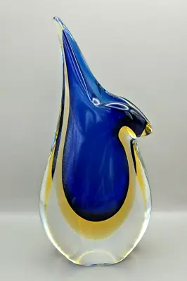 Murano Formia Open Teardrop Trumpet Pitcher Plant Vase Layered Blue Yellow Clear • $124.99