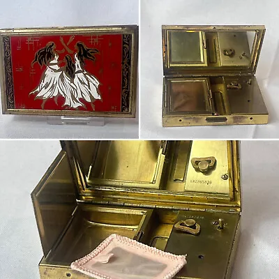 Clover Musical Compact Dancers Vtg Wind Up Music Box Mirrored Vanity Powder Case • $29.95