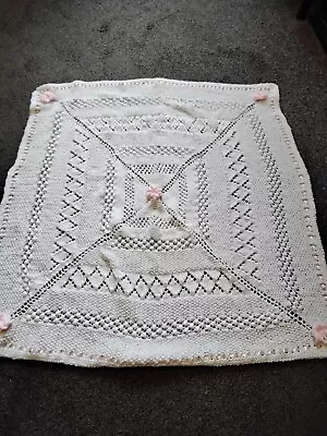 £25 • Buy HAND KNITTED  BABIES SHAWL  WHITE With Pink Ribon 
