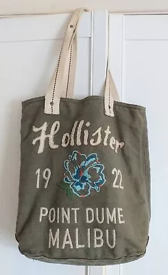 Hollister~lovely Khaki Green Canvas Point Dume Embroidered Flower Tote Bag~vgc • £7.99