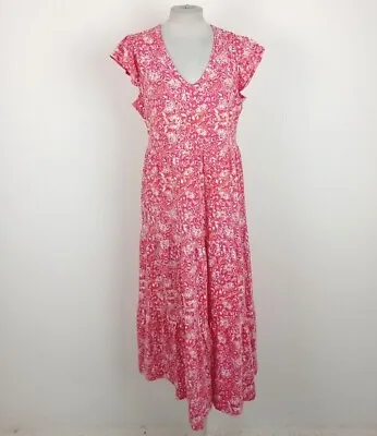 M&S Dress Pink Orange Paisley Print V Neck Tiered Cotton Maxi NEW F2 • £9.99
