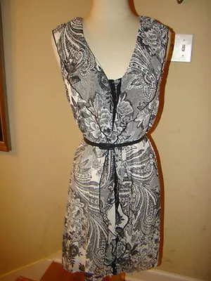 Ventti Black White Floral Corsett Hook Button Up Belted Dress Size Large • $19.99