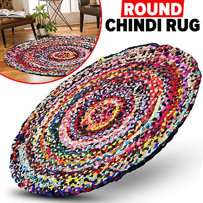 100% Cotton Handmade Circle Chindi Rag Rugs Multicoloured Round Area Flat Mats • £19.95
