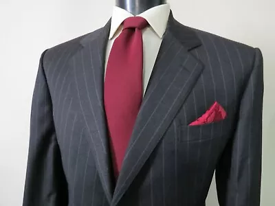 H Huntsman & Son By Cantarelli Made In Italy Charcoal Stripe Canvas Suit 44 R • $429