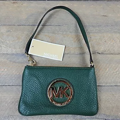 Michael Kors Fulton MK Wristlet Clutch Wallet Green/Gold Genuine Leather NWT • $59.99