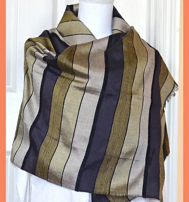 Moroccan Cactus Silk Black Silver Gold Color Striped Wrap Stole From Morocco • $59.99