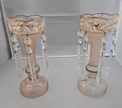 Pair Antique Peach  Glass Mantle Lusters Flowers Gold Accents French Cut Prisms  • $275