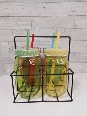 Mason Jar Drink Set 4 Colorful Mugs With Straws And A Caddy • $23