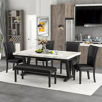 6PCS Dining Table Set Faux Marble Top Table And 4 PU Leather Chairs +Bench Black • $1517.99